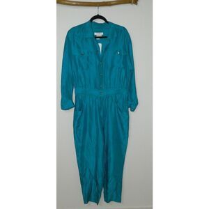 I. Magnin Jumpsuit Vintage Women's‎ Turquoise Silk 1980's Pockets Size 12